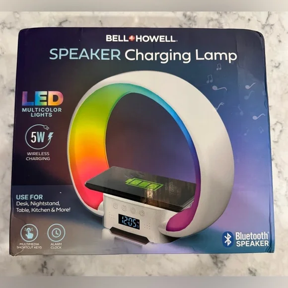 Bell + Howell Bluetooth Speaker Table Lamp Wireless Phone Charger Stand Alarm - Picture 1 of 8